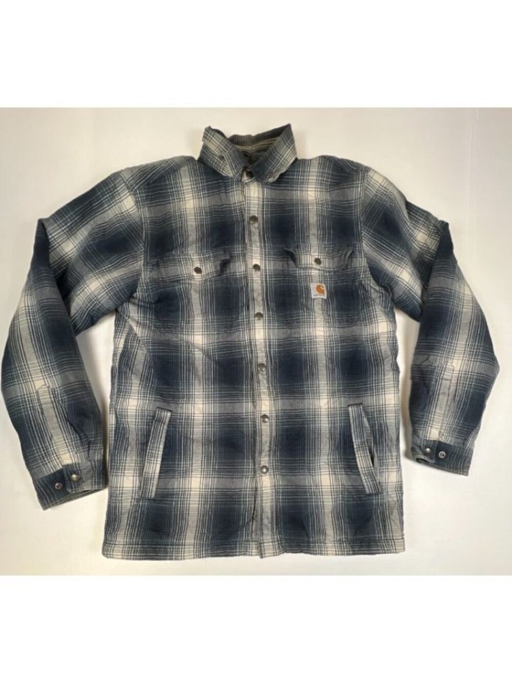 Carhartt Mens M Sherpa Lined Plaid Flannel Shirt Jacket Blue Gray Work Shacket